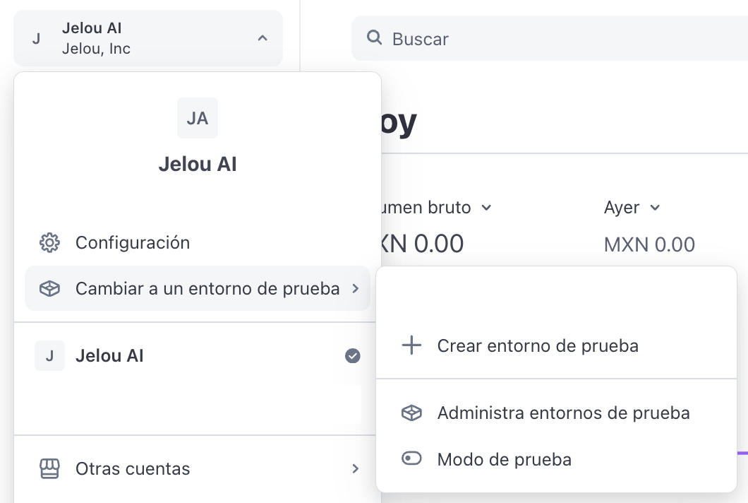 Account selector with option to switch to test environment