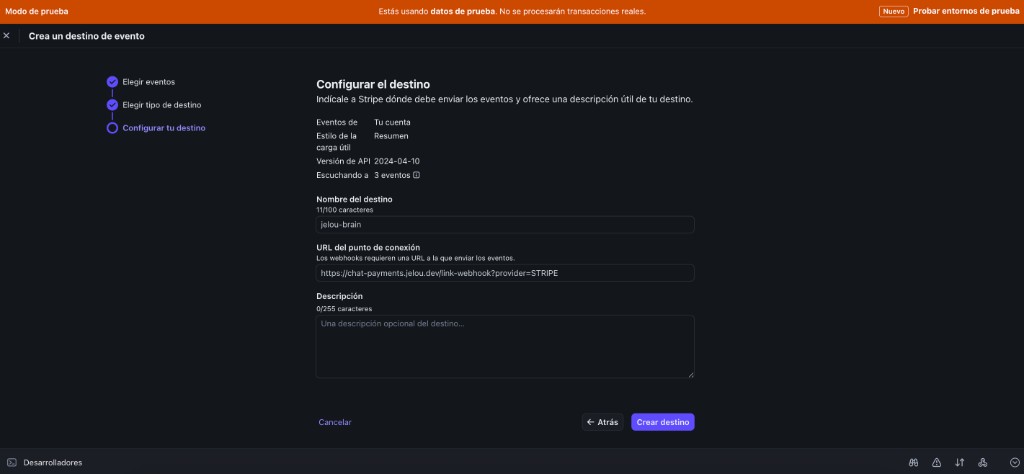 Stripe form to create a webhook destination with the Jelou URL and destination name