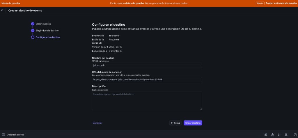 Stripe form to create a webhook destination with the Jelou URL and destination name