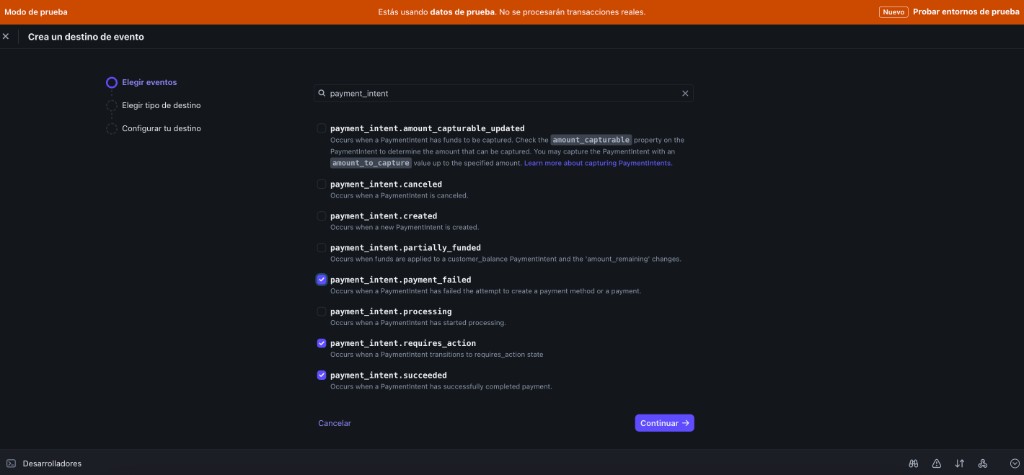 Stripe event list with payment_intent.succeeded, requires_action, and payment_failed checked