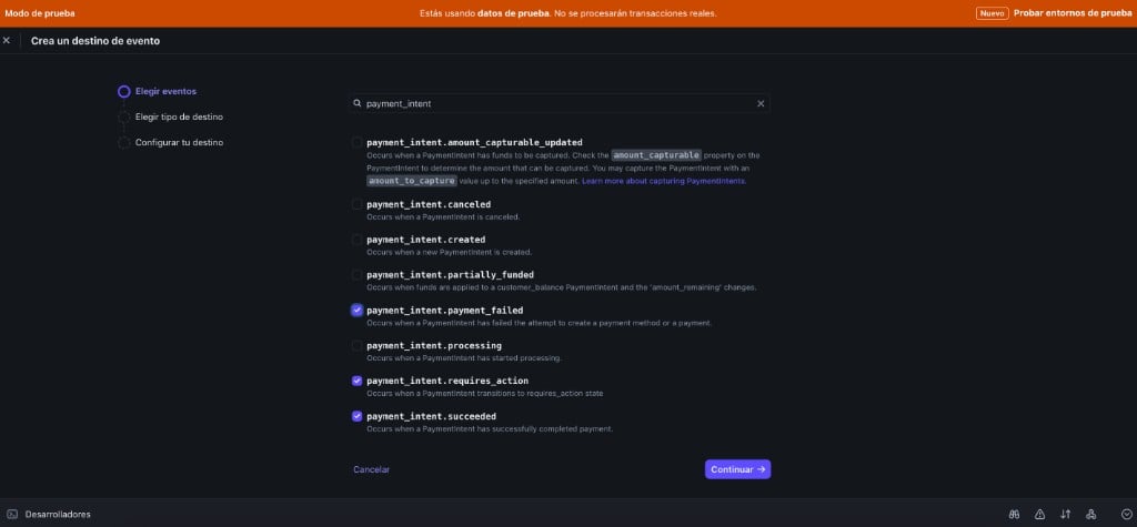 Stripe event list with payment_intent.succeeded, requires_action, and payment_failed checked