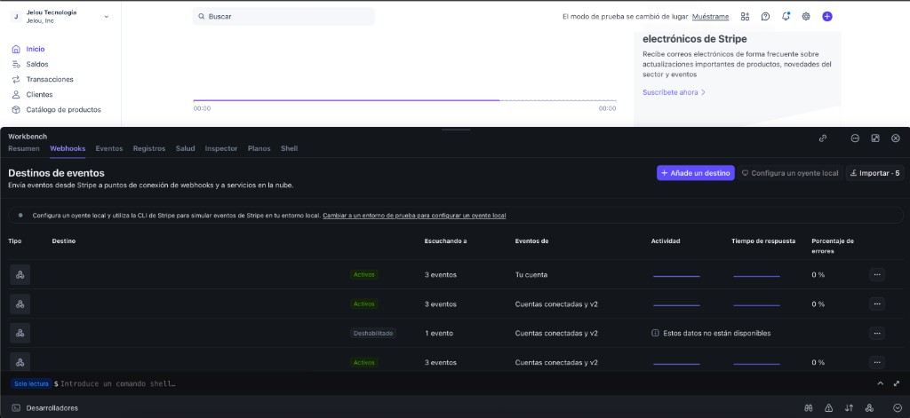 Stripe Dashboard: Workbench with the Webhooks tab visible