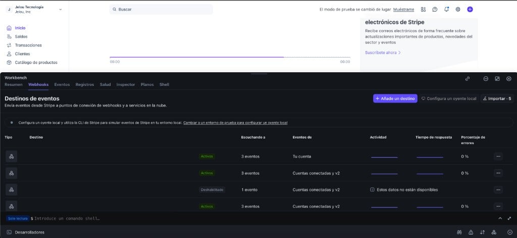 Stripe Dashboard: Workbench with the Webhooks tab visible