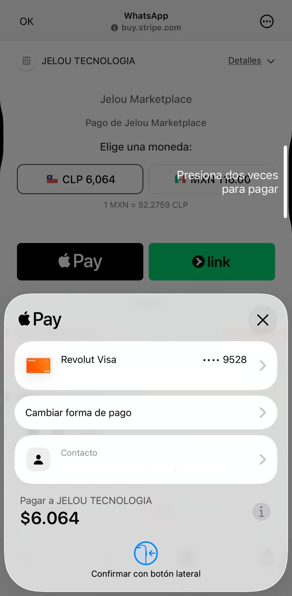 Confirmação de pagamento Apple Pay no Stripe dentro do WhatsApp