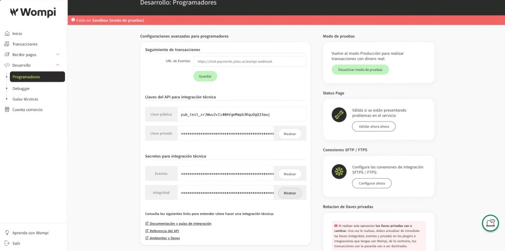 Dashboard de Wompi en Sandbox, sección Desarrollo Programadores: URL de Eventos, llave pública y privada, y secretos de Eventos e Integridad