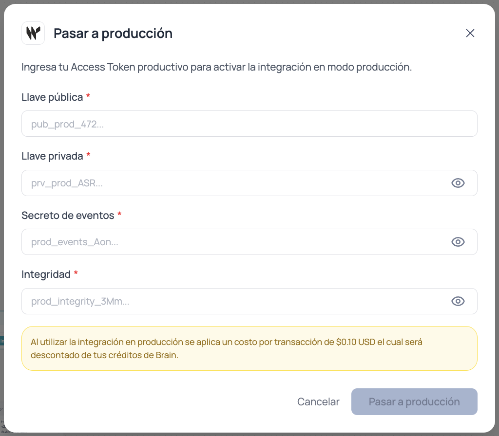 Modal de Brain Studio para pasar la integración de Wompi a producción
