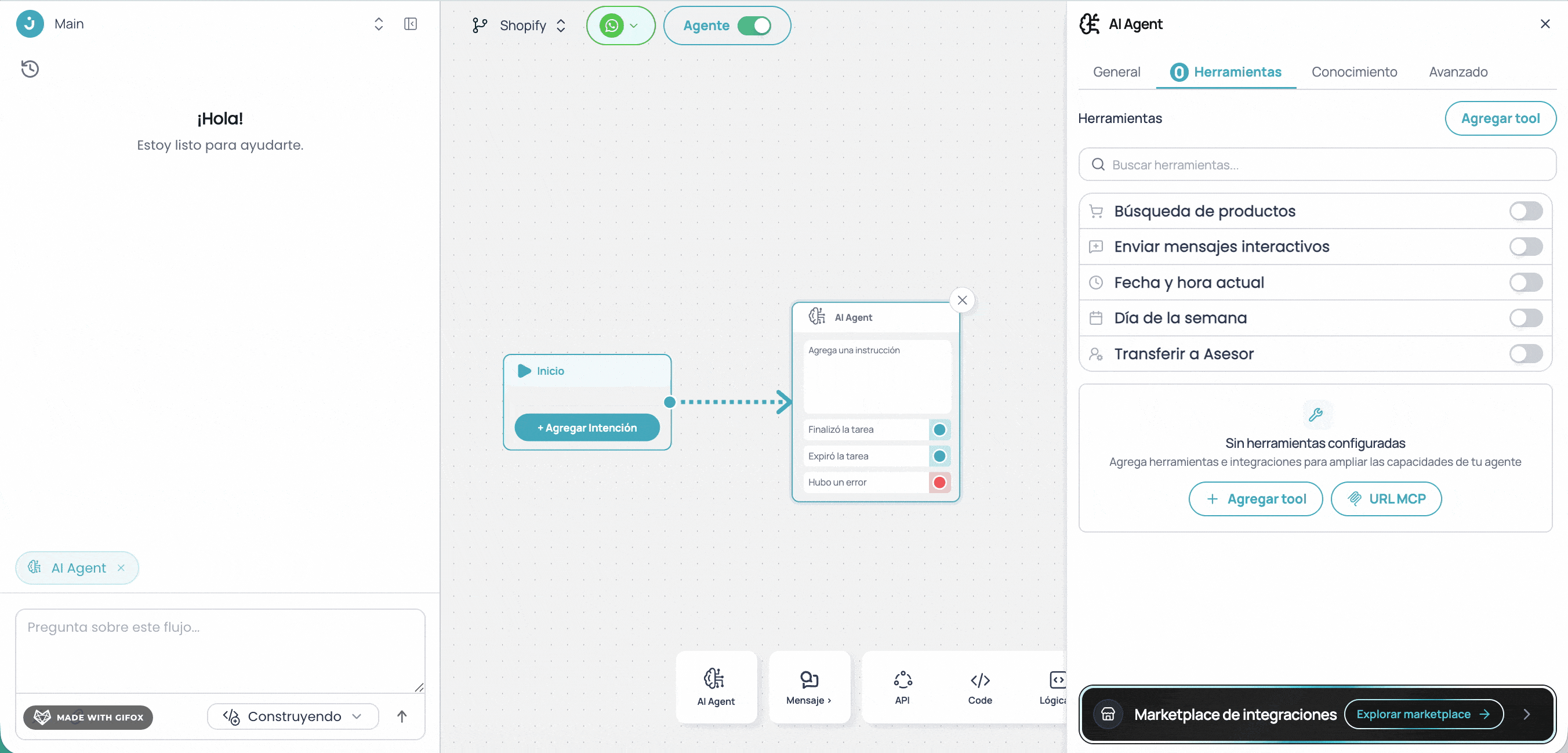 Agregar tool Shopify en el nodo AI Agent
