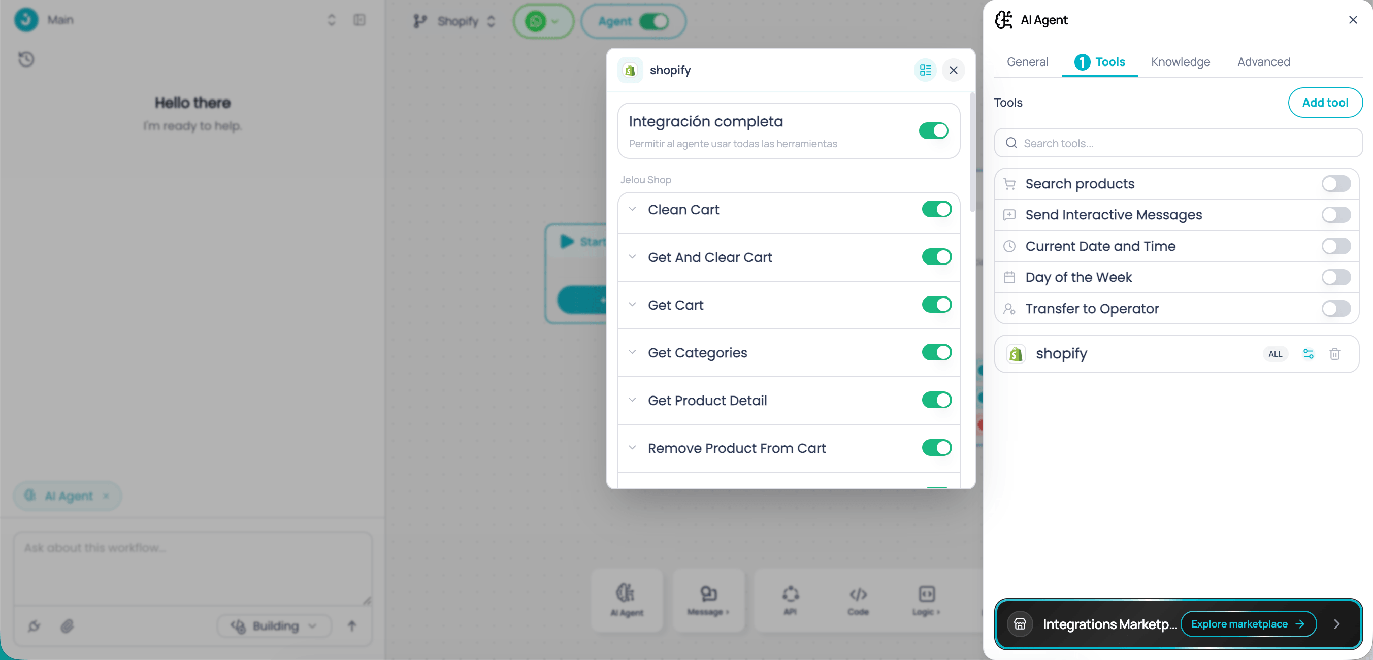 Shopify and Jelou Shop connection in Brain Studio