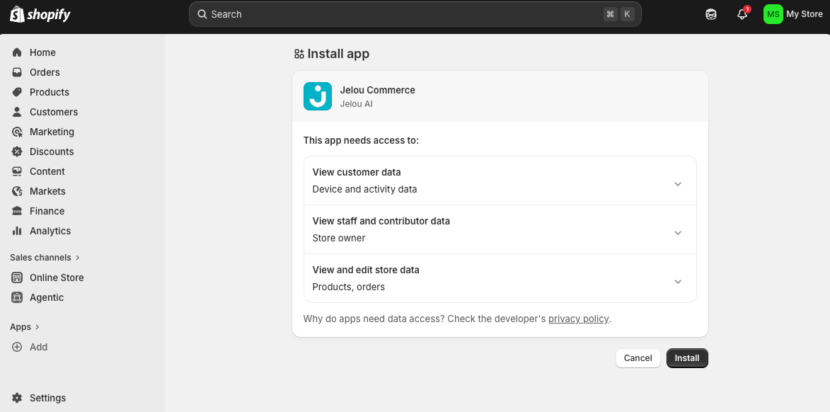 Tela de instalação do app Jelou Commerce no Shopify