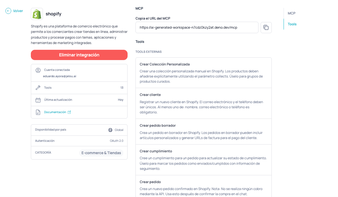 Integração do Shopify conectada mostrando a conta vinculada