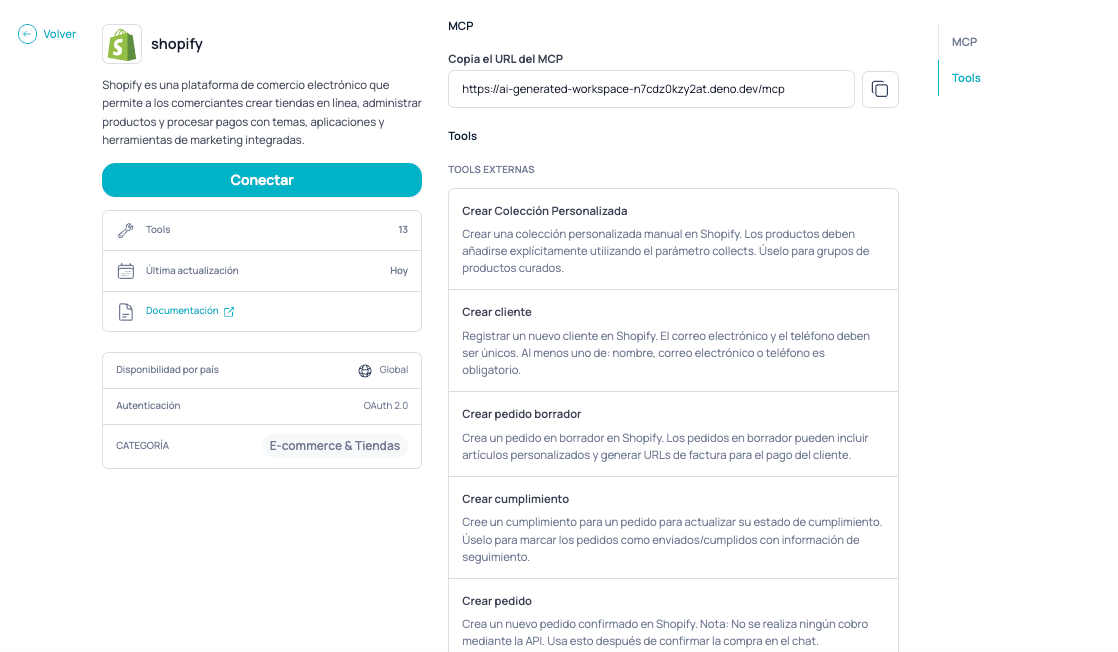 Página da integração do Shopify com o botão Conectar