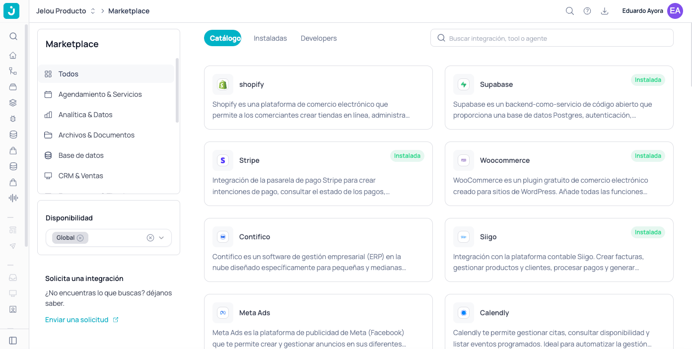 Shopify no catálogo do Marketplace do Jelou