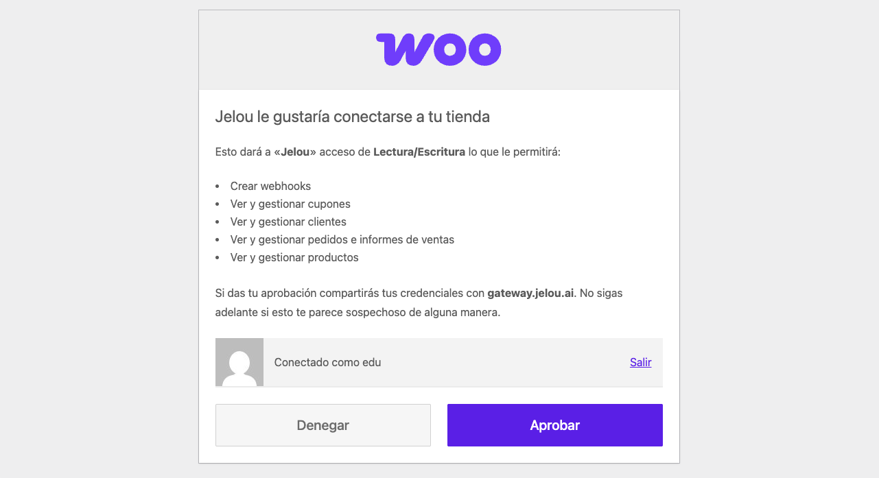 Tela de aprovação das permissões de Leitura/Escrita para o Jelou