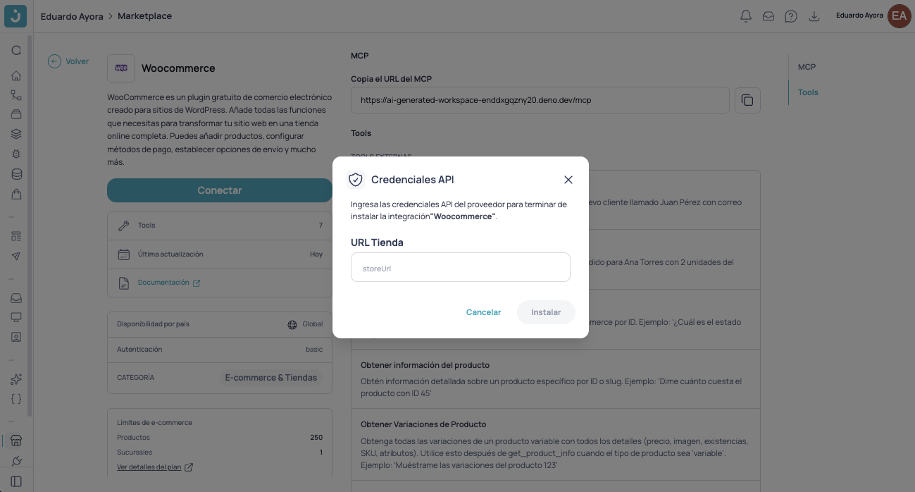 Modal de credenciais da API com o campo URL da Loja