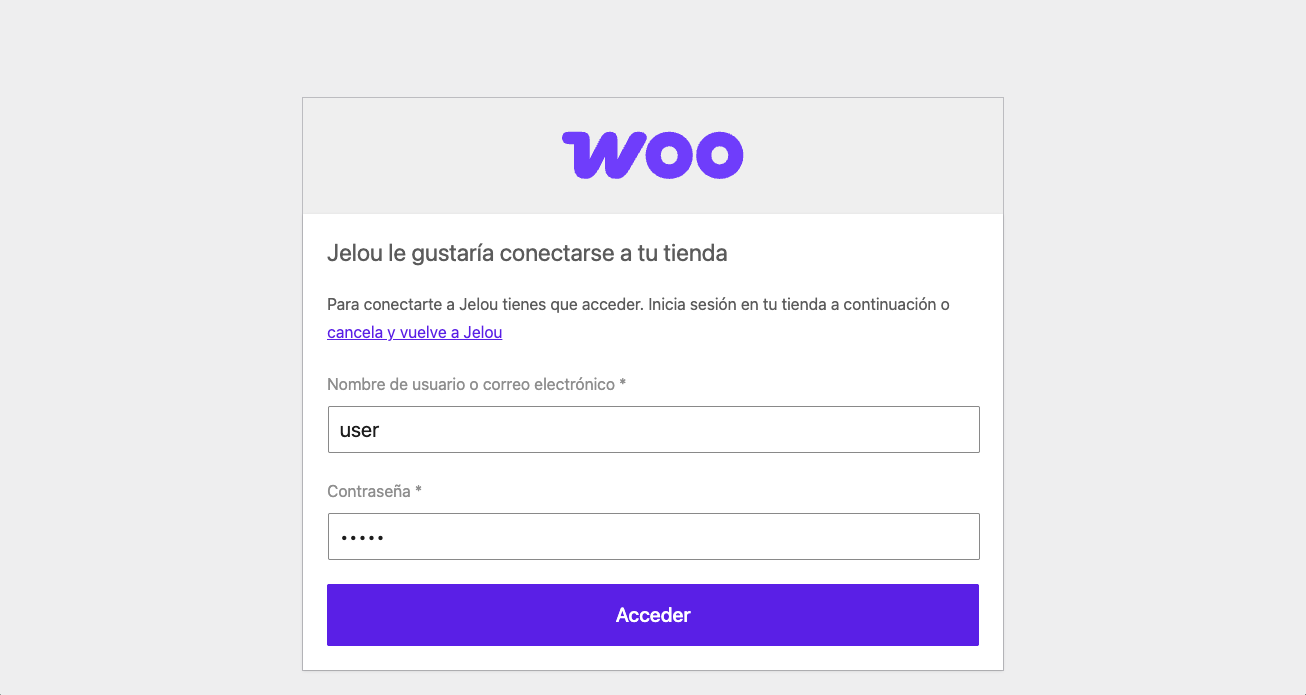 Tela de login do WooCommerce para conectar com o Jelou