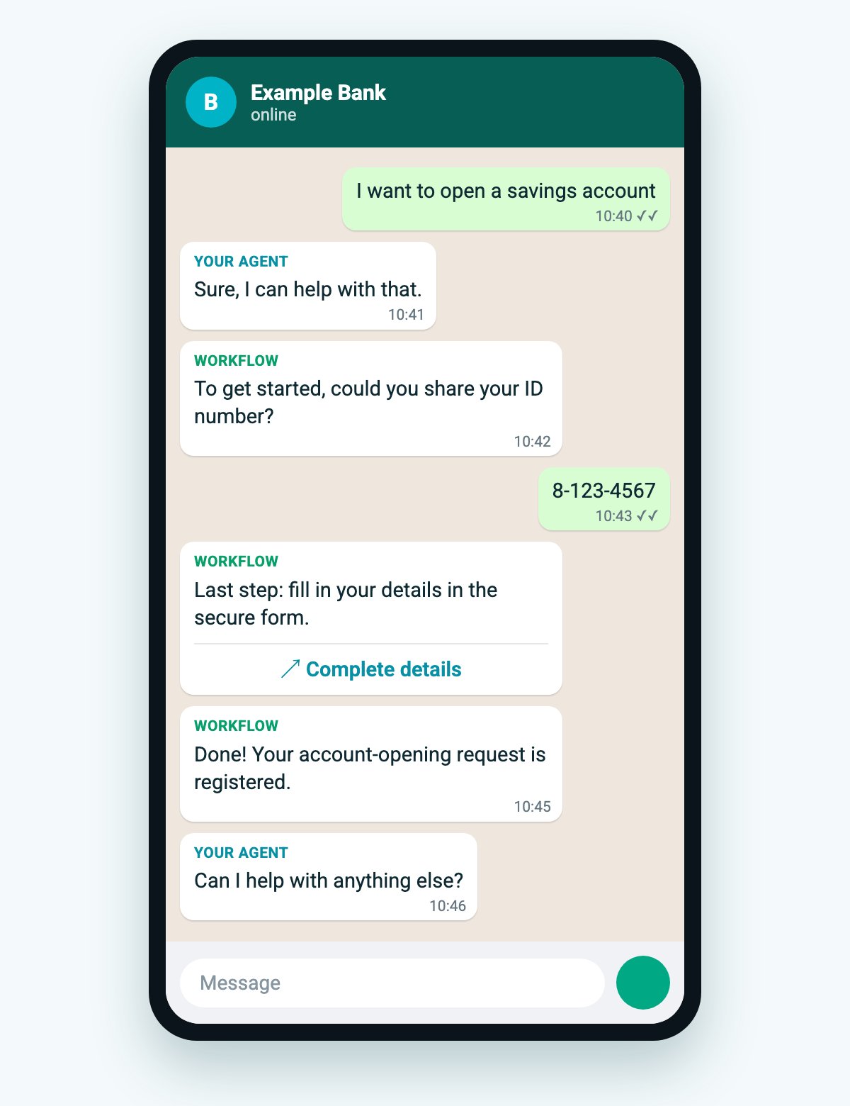 Example WhatsApp conversation: the customer asks to open an account, the agent replies, the workflow asks for the ID number and opens the secure form, confirms the request and the agent takes the conversation back