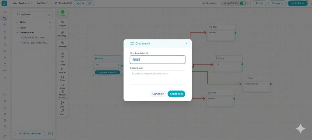 Modal Criar skill no Jelou Producto para nomear o workflow dedicado