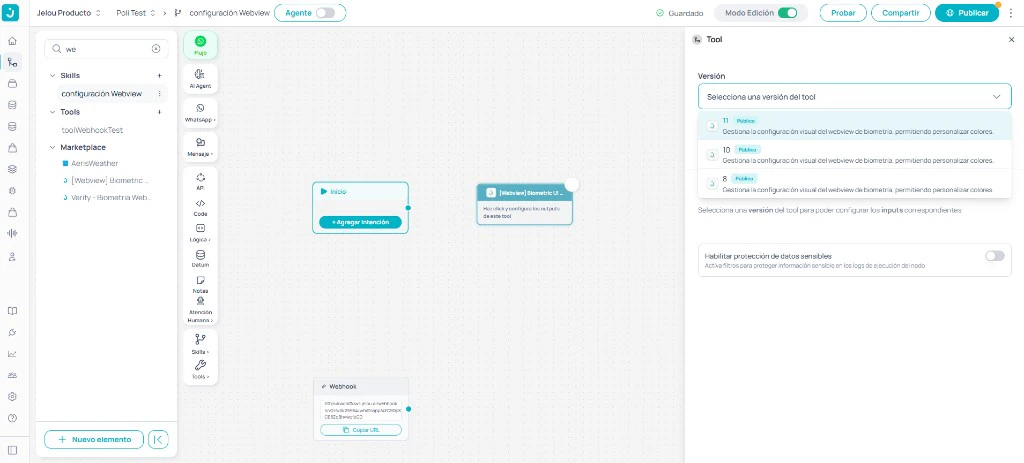 Painel lateral do nó com seletor de versão da tool e instrução para configurar entradas