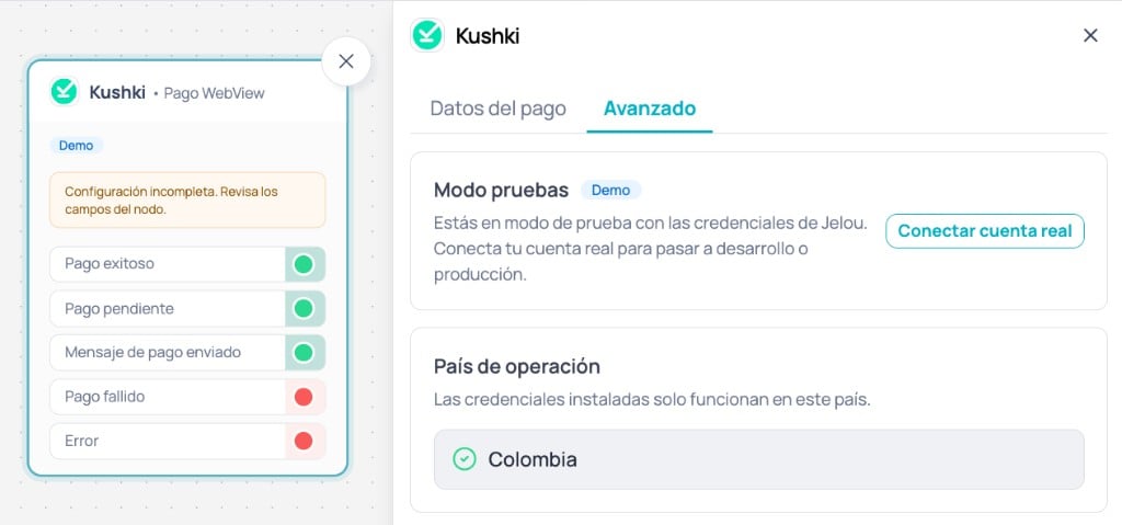 Nodo de pagos e integración marcados en modo prueba con país de operación