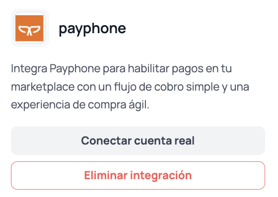 Tarjeta de la pasarela en Marketplace con botón Conectar cuenta real