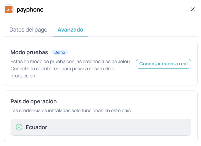 Pestaña Avanzado del nodo Pagos con modo prueba y botón Conectar cuenta real