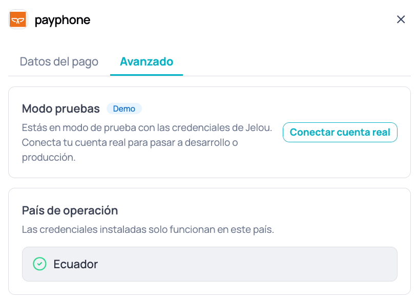 Pestaña Avanzado del nodo Pagos con modo prueba y botón Conectar cuenta real