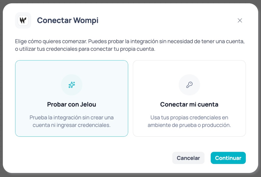 Modal para elegir entre Probar con Jelou o Conectar mi cuenta
