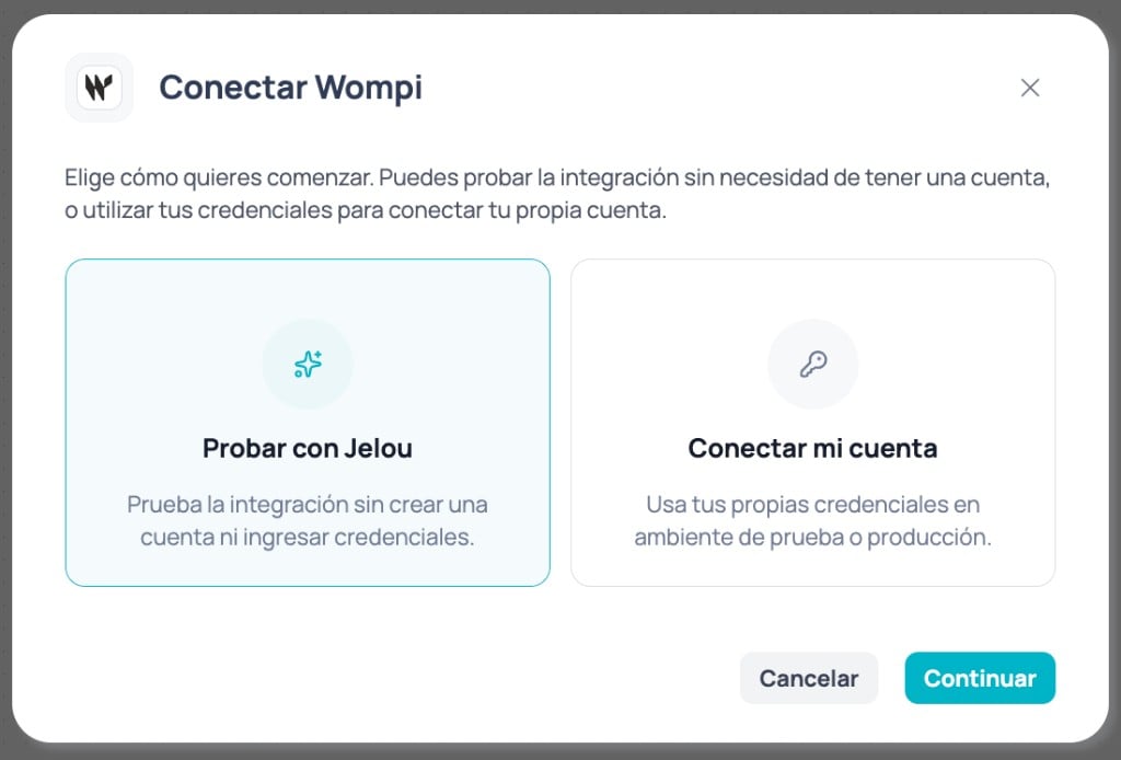 Modal para elegir entre Probar con Jelou o Conectar mi cuenta