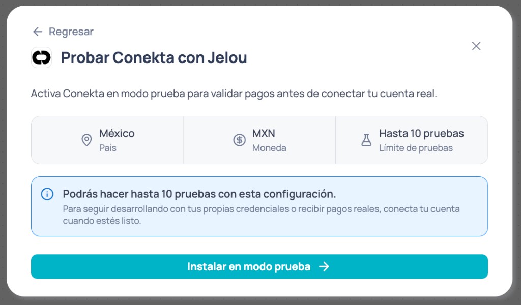 Modal de modo prueba con país fijo, moneda y límite de pruebas