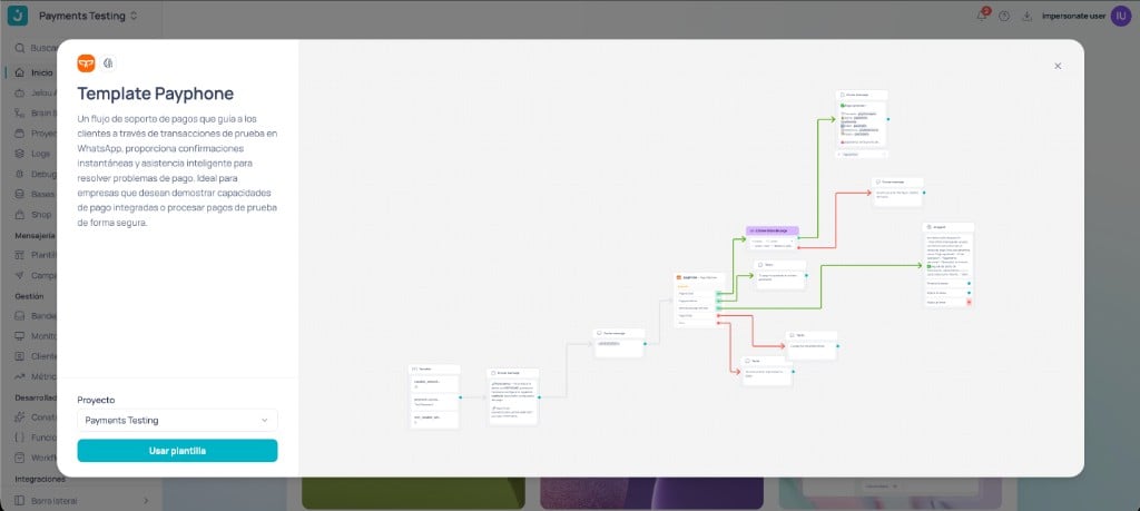 Vista previa del template de pagos en Brain Studio con botón Usar plantilla
