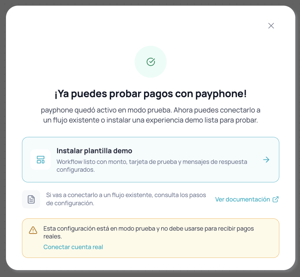 Modal de confirmación con CTA para instalar plantilla demo tras activar modo prueba