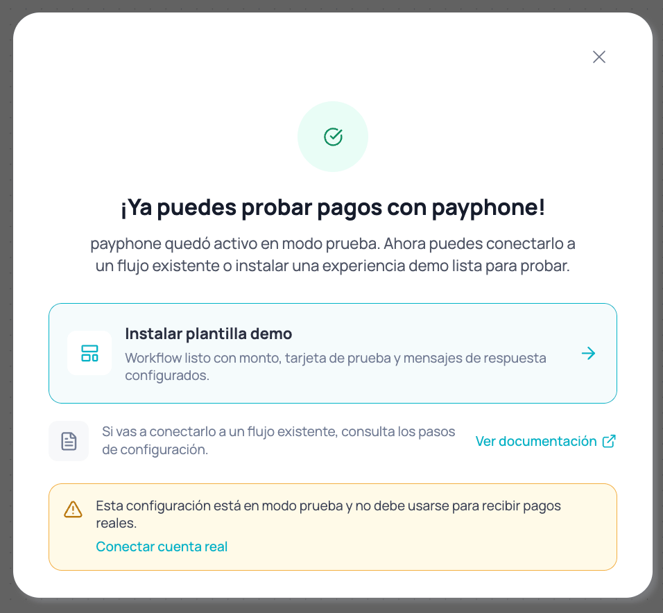 Modal de confirmación con CTA para instalar plantilla demo tras activar modo prueba