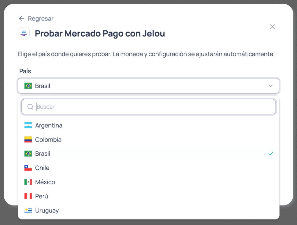 Selector de país en el modal de modo prueba para Mercado Pago