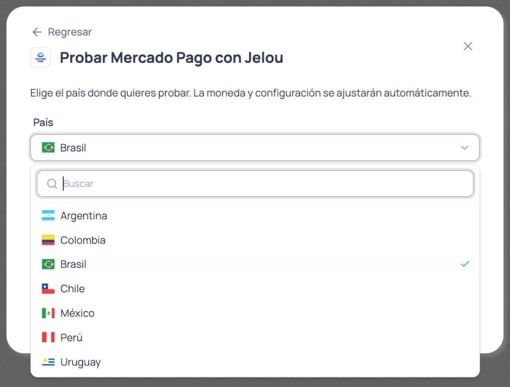 Selector de país en el modal de modo prueba para Mercado Pago