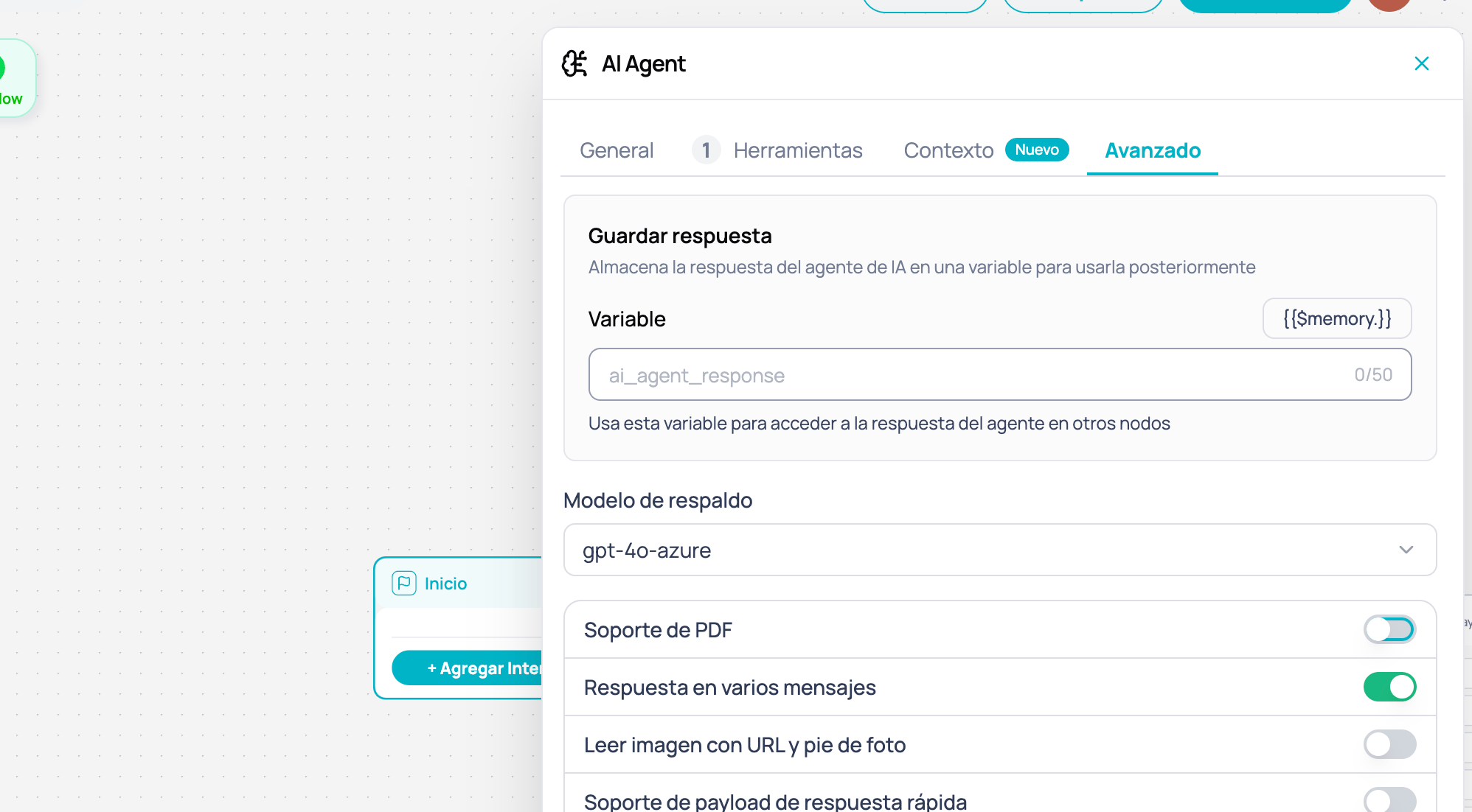 Pestaña Avanzado del nodo AI Agent mostrando el toggle Respuesta en varios mensajes activado