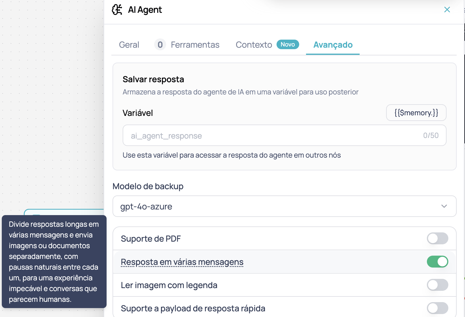 Aba Avançado do nó AI Agent mostrando o toggle Resposta em várias mensagens ativado