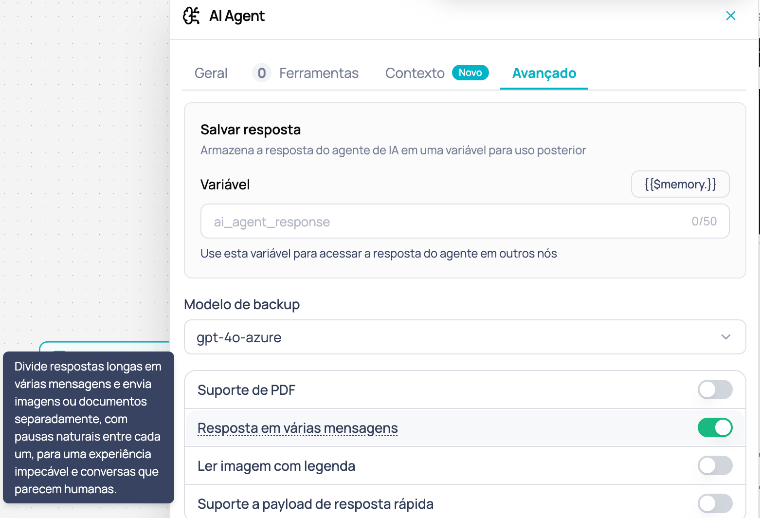 Aba Avançado do nó AI Agent mostrando o toggle Resposta em várias mensagens ativado
