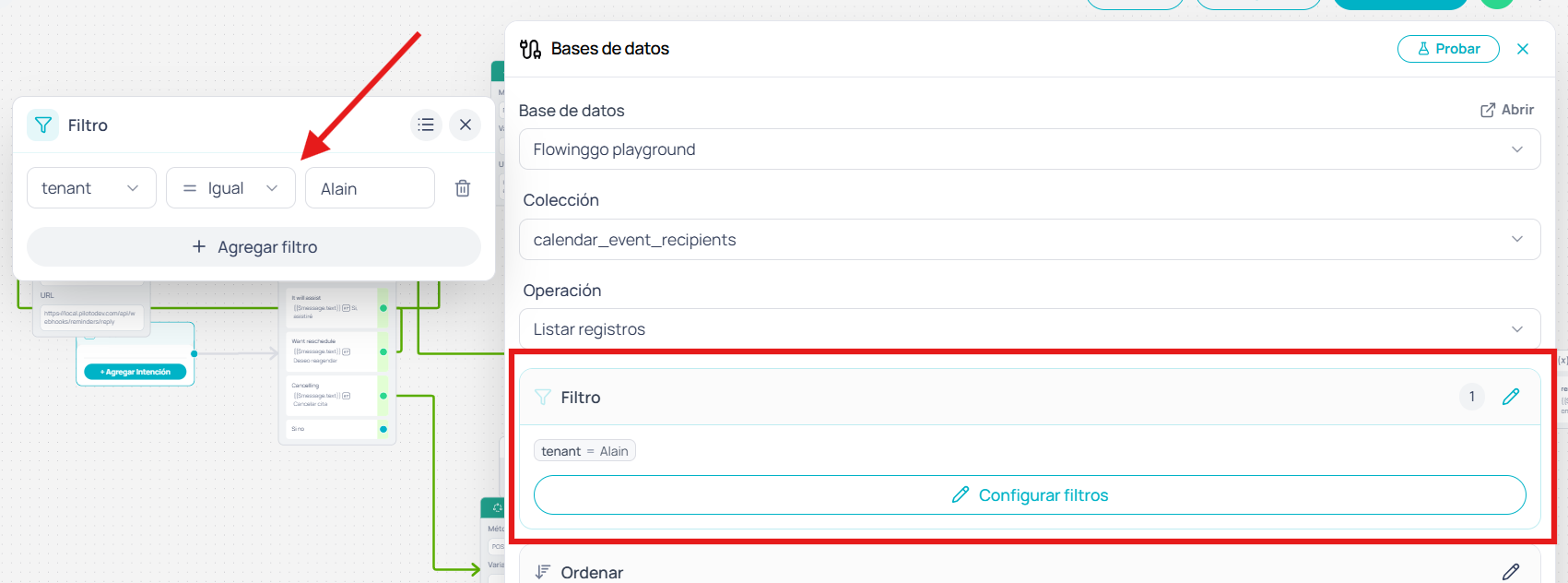 Constructor visual de filtros con operadores y reglas AND
