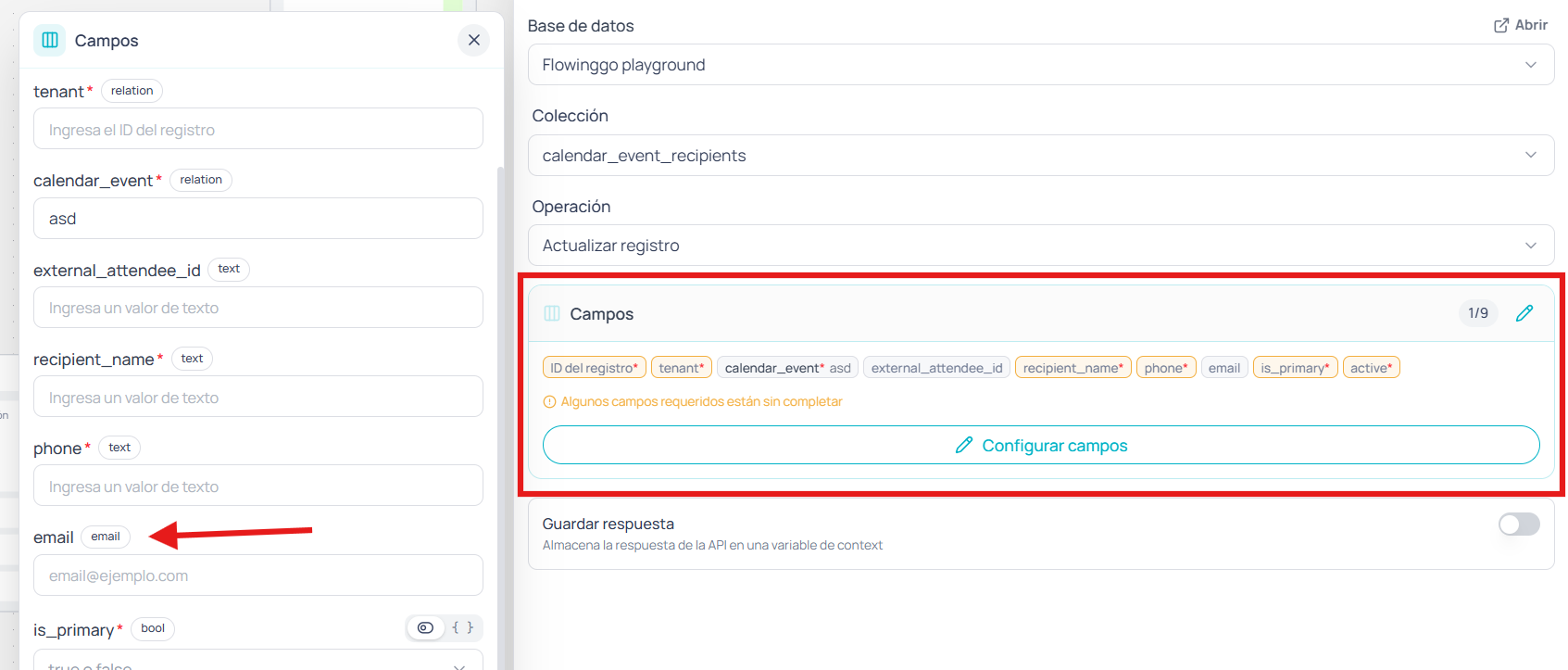 Fields editor showing controls based on the field type declared in the collection