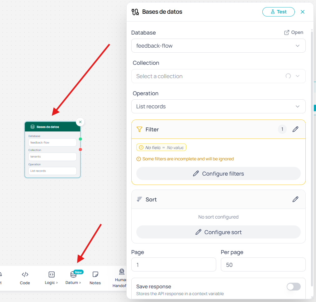 Database selector with an Open button in the top-right corner