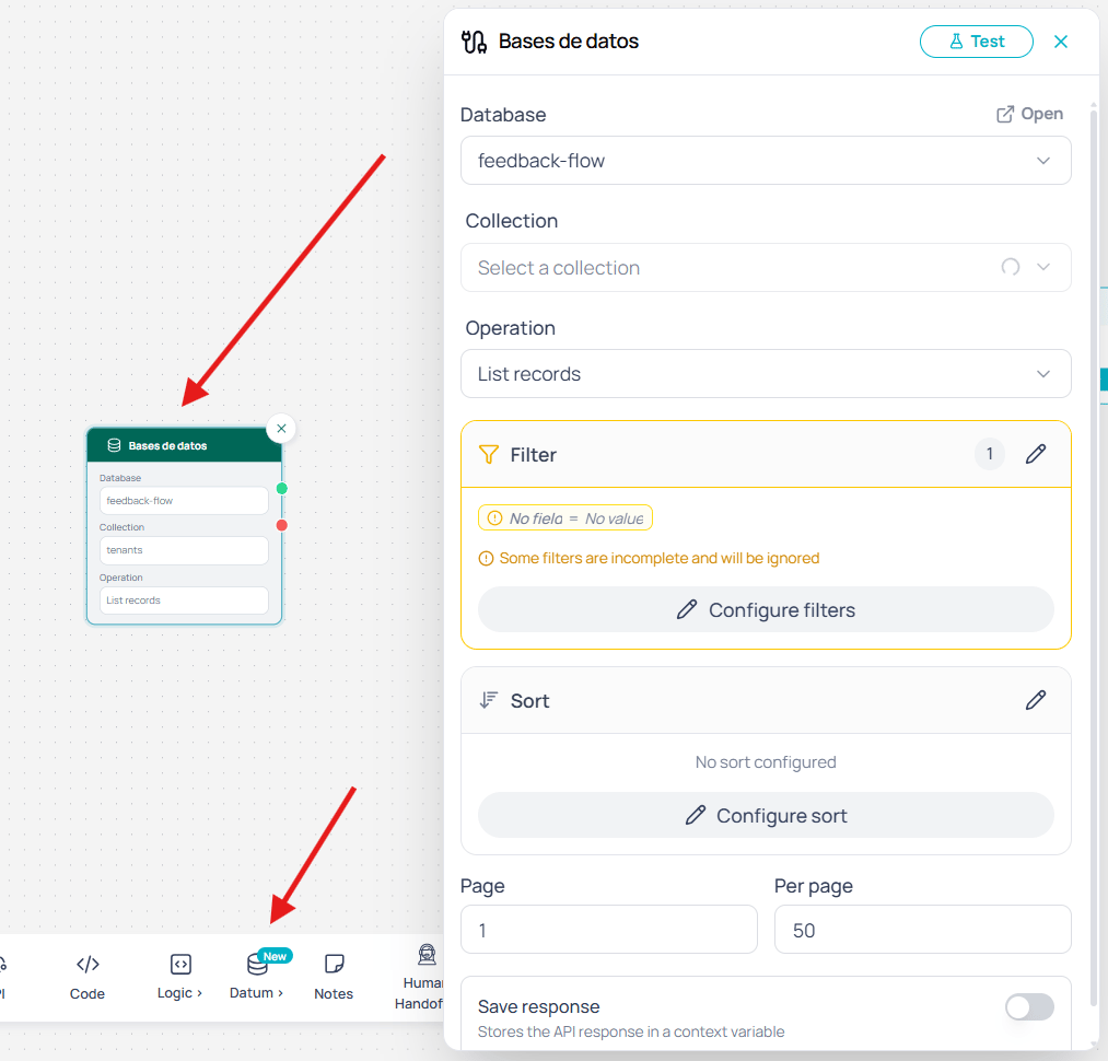 Database selector with an Open button in the top-right corner