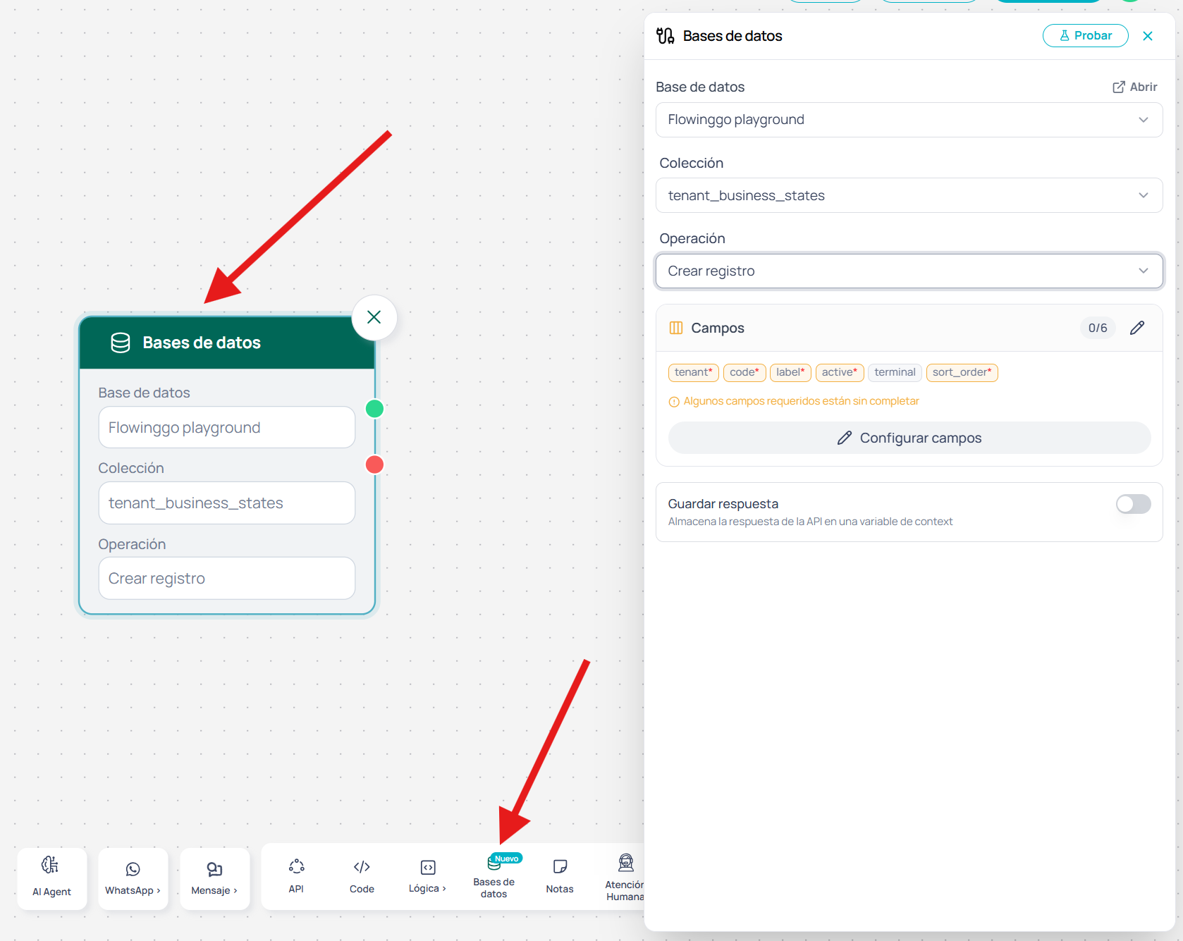 Selector de base de datos con botón Abrir en la esquina superior derecha