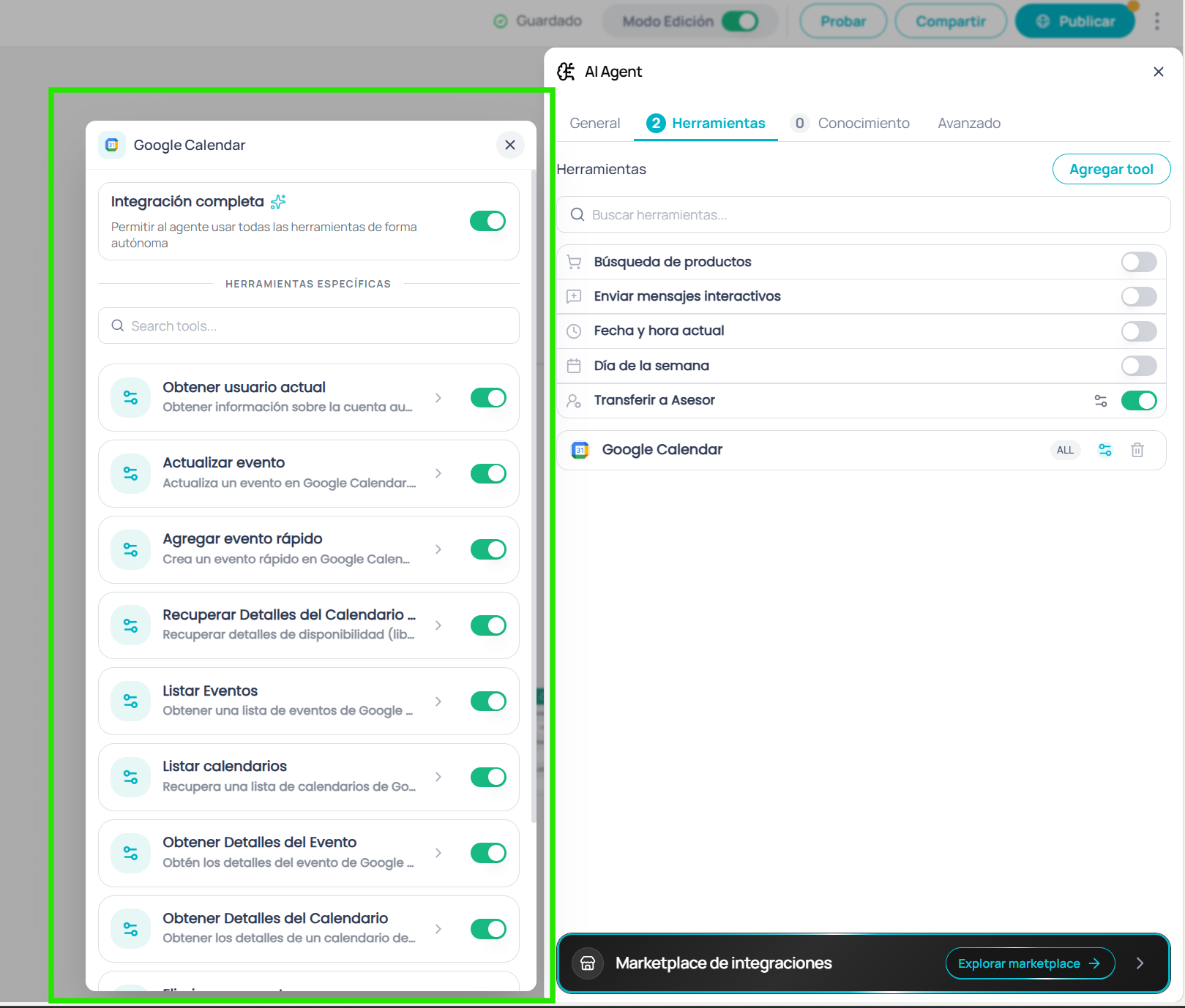 MCP app in granular mode showing individual tools with toggles