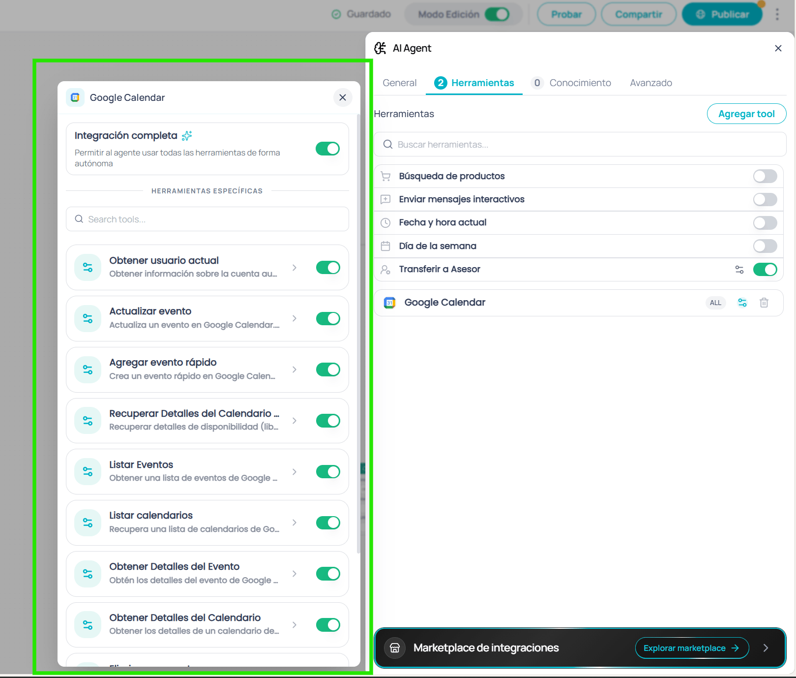 MCP app in granular mode showing individual tools with toggles