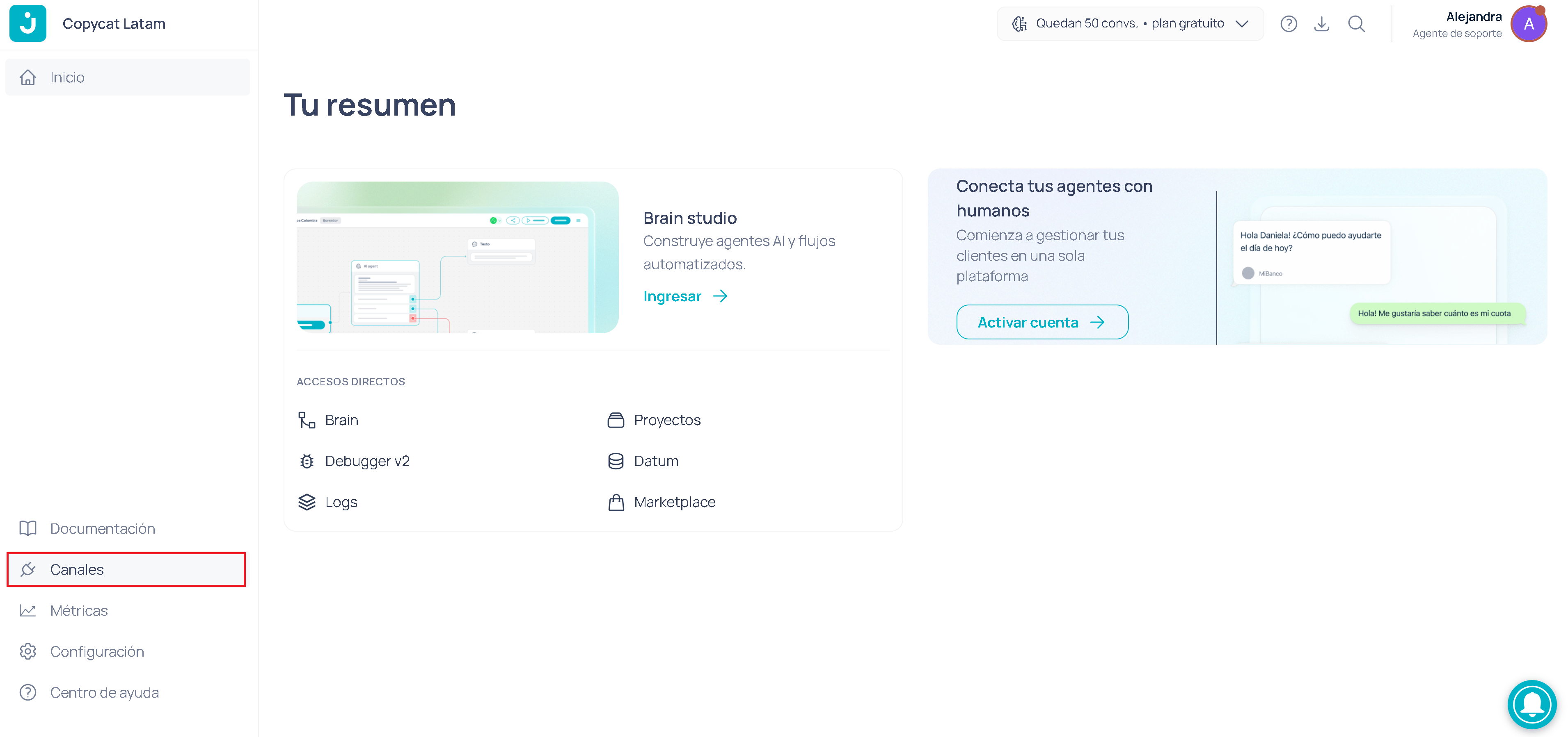 Menu de Canais no dashboard da Jelou