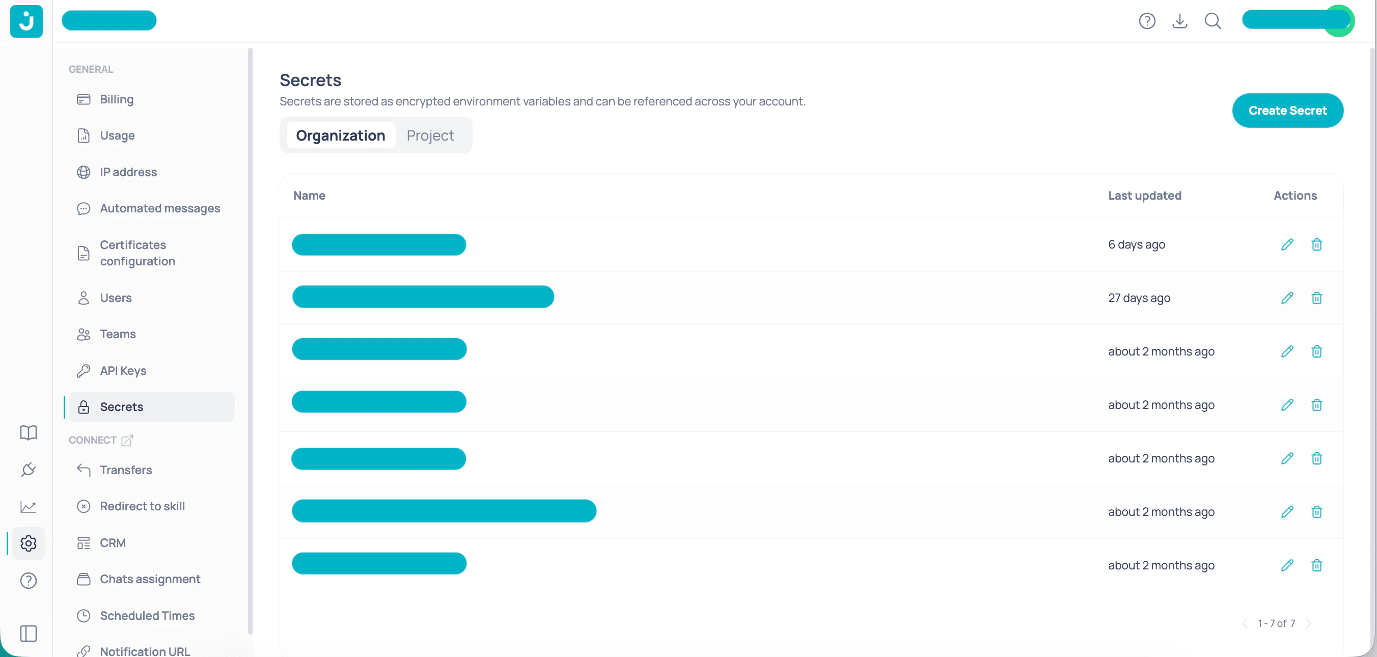 Secrets section in Settings with Organization and Project tabs