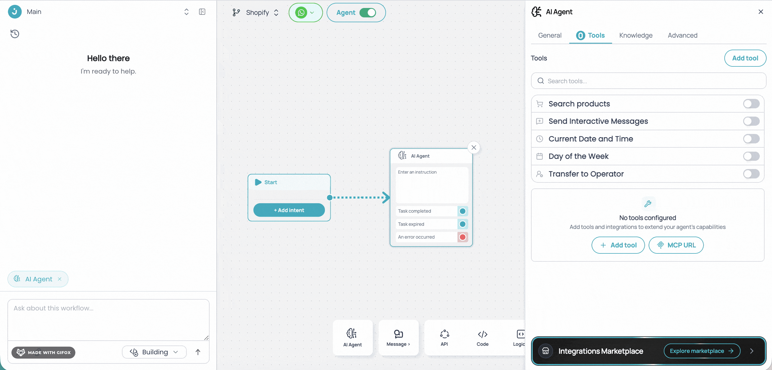 Add Shopify tool in the AI Agent node