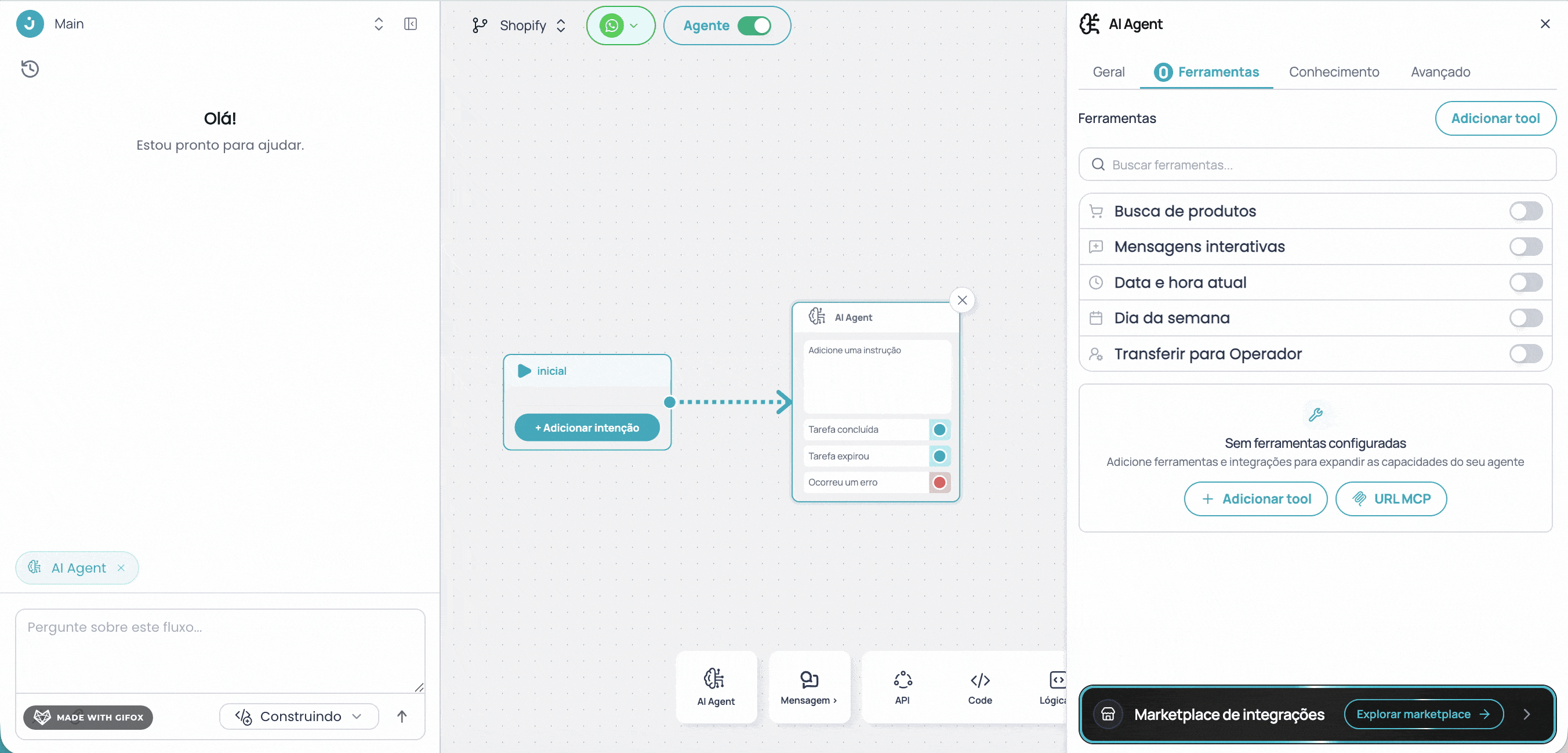 Adicionar tool Shopify no nó de Agente de IA