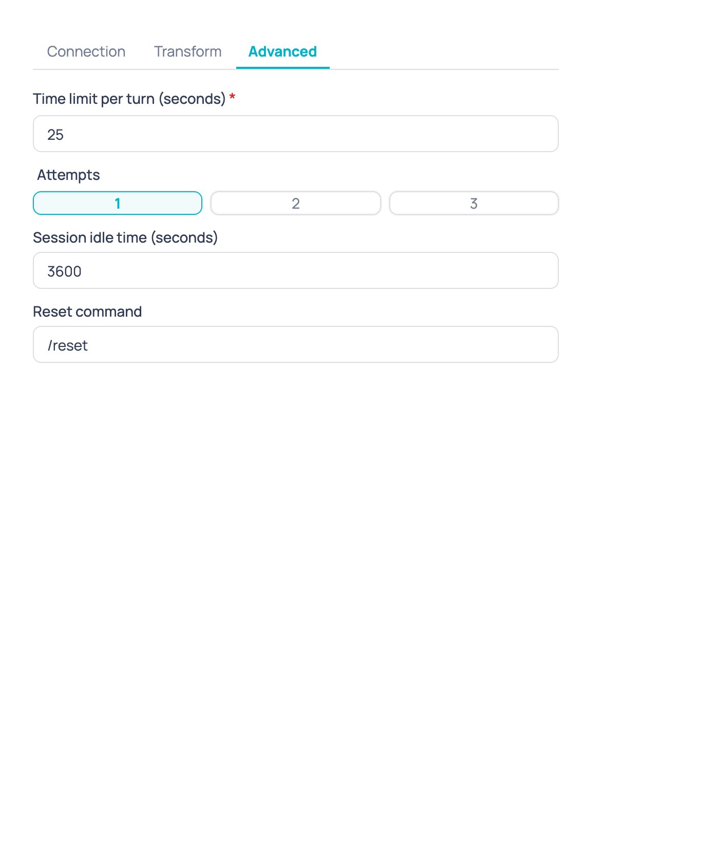 Advanced tab of the External AI agent node with the turn timeout and the number of attempts