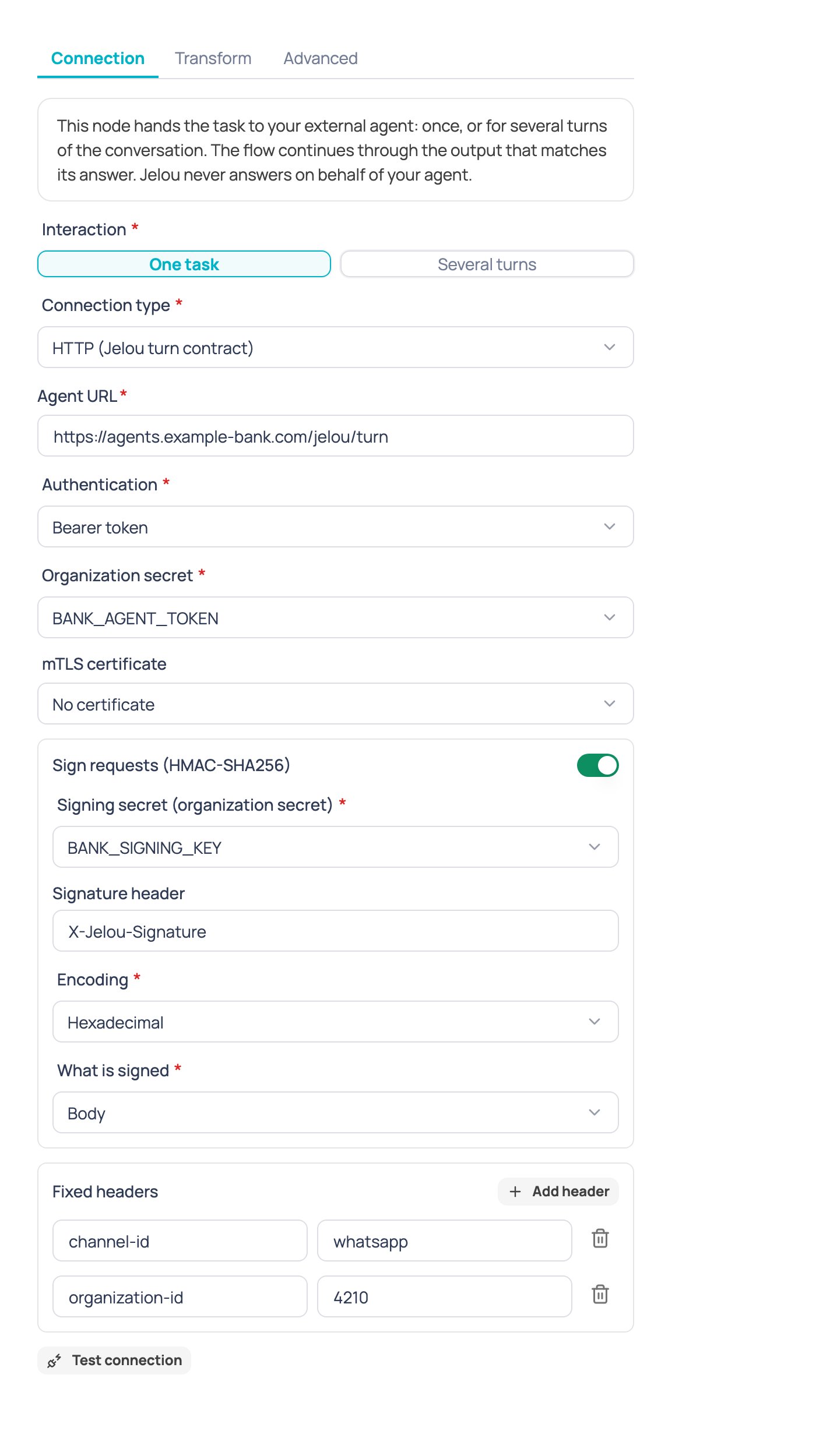 Connection tab of the External AI agent node with the agent URL, authentication, mTLS certificate, HMAC signing and fixed headers